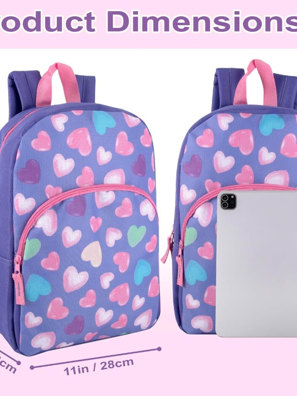 15" Pastel Hearts Backpack Kids School Book Bag Front Pocket Adjustable Straps - Picture 3 of 6